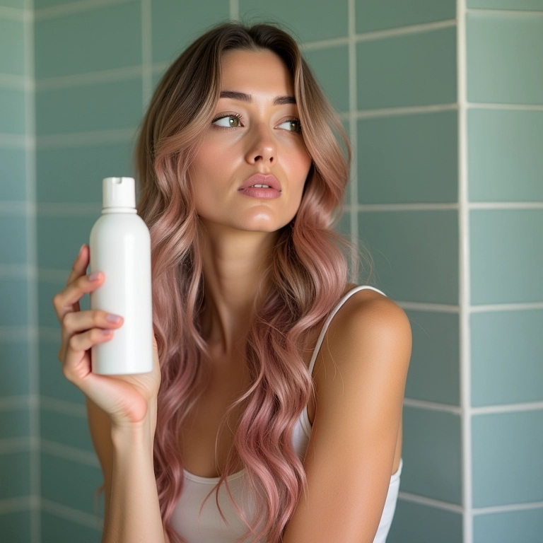 Mulher com cabelo tingido protegendo a cor com shampoo a seco.