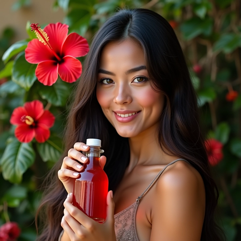 Mulher com cabelos brilhantes segurando tônico de hibisco caseiro para crescimento capilar.
