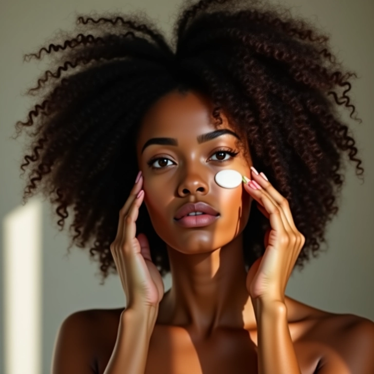 Mulher com cabelos cacheados aplicando creme de manteiga de karité para tratamento.