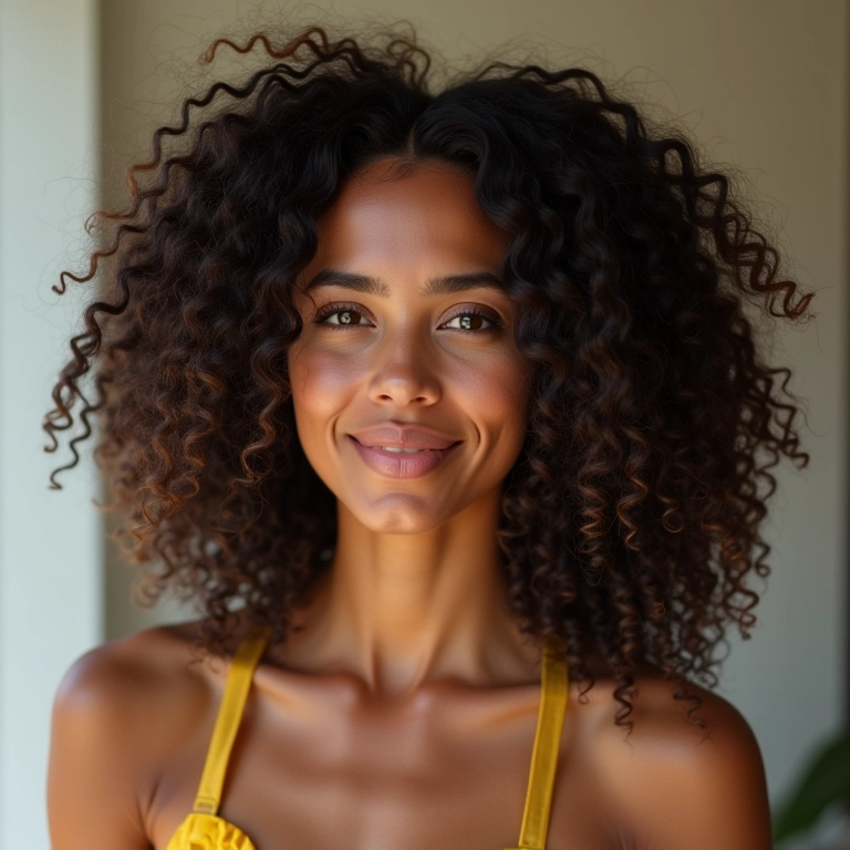 Mulher com cabelos cacheados brilhantes, mostrando os resultados do sérum Elseve Glycolic Gloss.