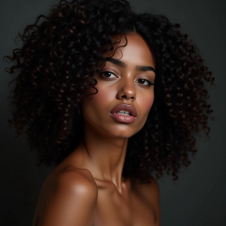 Mulher com cabelos cacheados definidos e efeito molhado usando gelée.