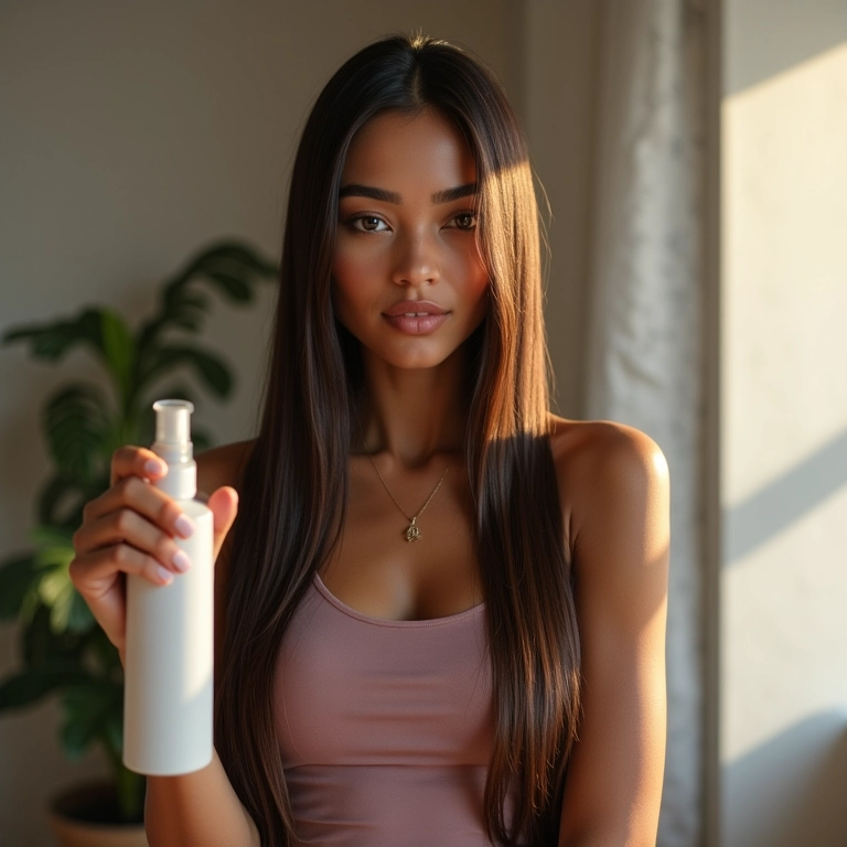 Mulher com cabelos lisos aplicando spray de proteção térmica.