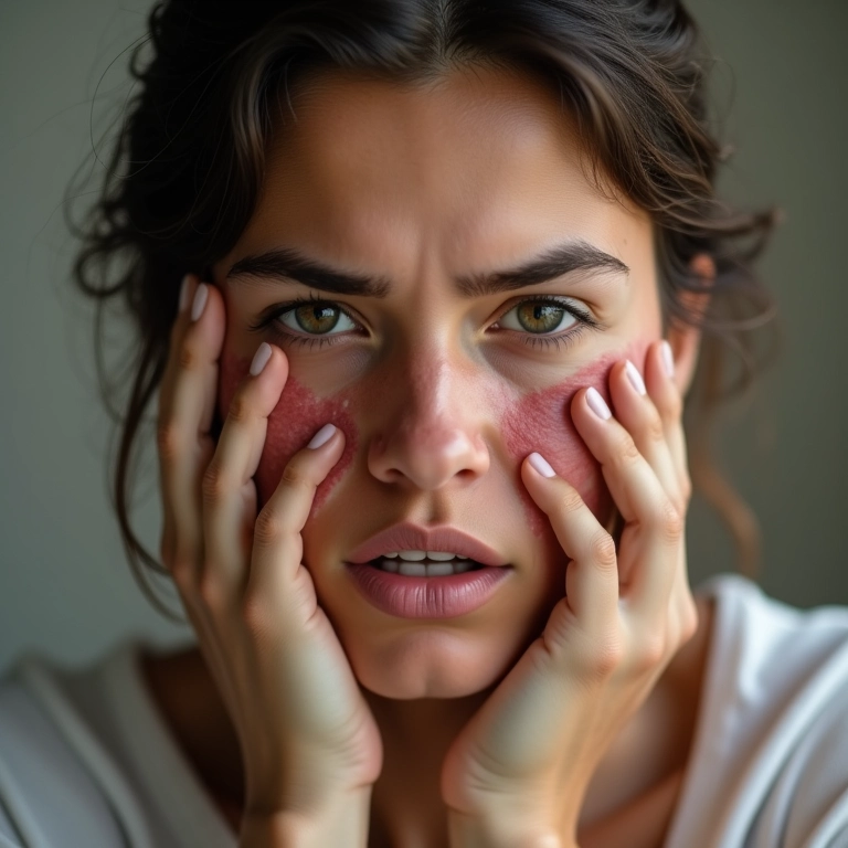 Mulher com coceira na pele perto de alérgenos, representando alergias e dermatite seborreica.