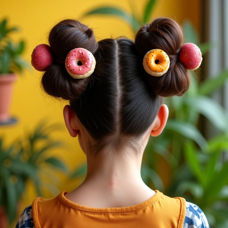 Mulher com coque duplo com rosquinhas decorativas.