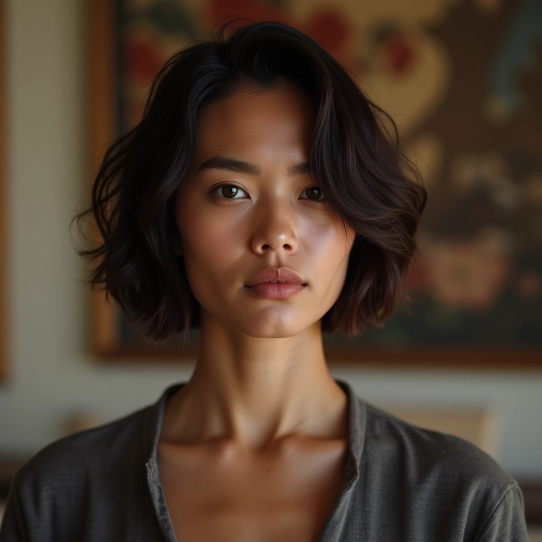 Mulher com corte blunt assimétrico expressando personalidade forte.