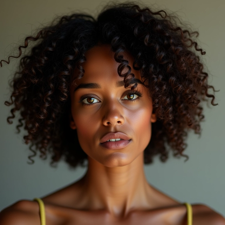 Mulher com corte bob curto cacheado, exibindo volume e textura.
