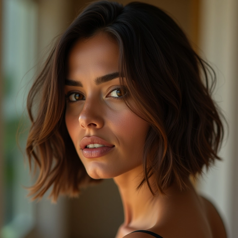 Mulher com corte bob curto com luzes, destacando o brilho e a dimensão.