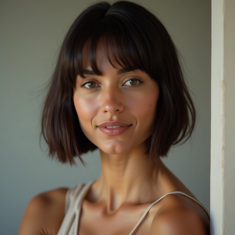 Mulher com corte bob curto liso, com estilo minimalista e moderno.