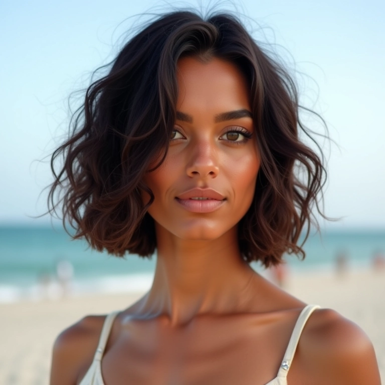 Mulher com corte bob curto ondulado, em cenário de praia.