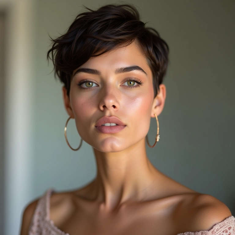 Mulher com corte pixie moderno posando com confiança.
