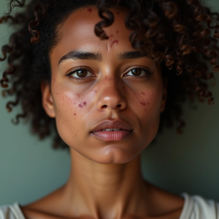 Mulher com desequilíbrio hormonal, mostrando acne e problemas de pele relacionados a problemas capilares.