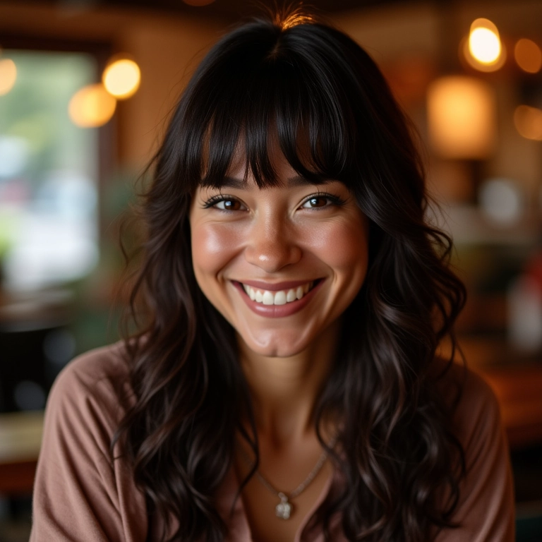 Mulher com franja, sorriso encantador em um café aconchegante.