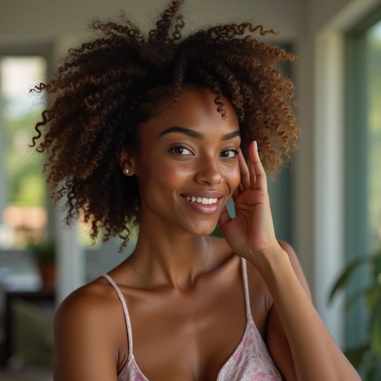 Mulher com frizz aplicando sérum para alisar os cabelos.