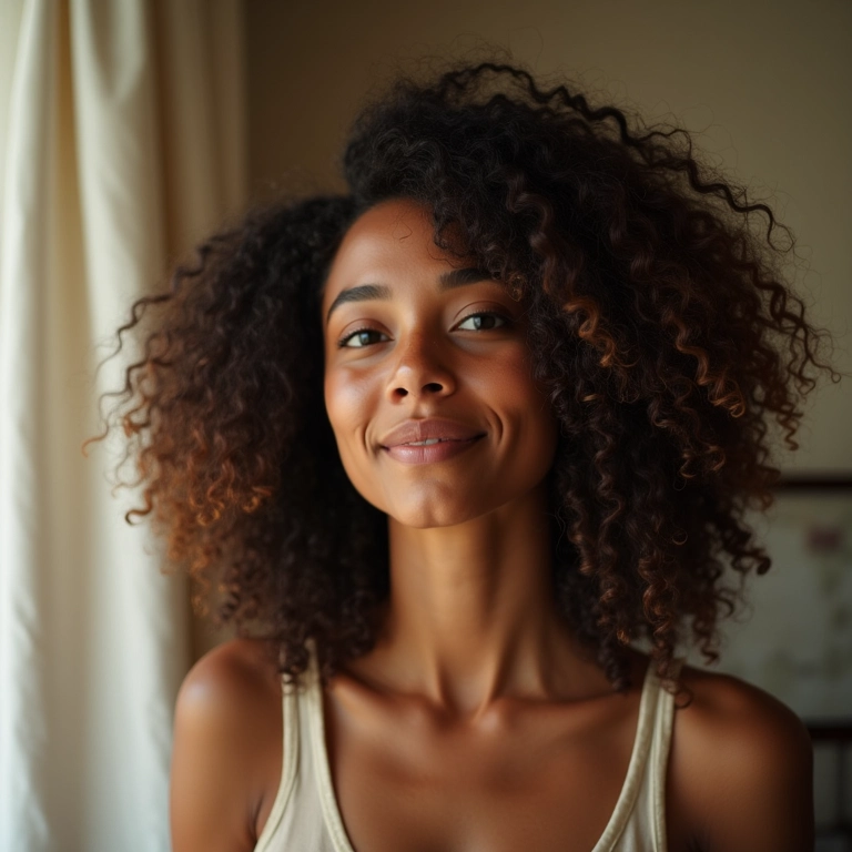 Mulher com frizz reduzido após usar manteiga de karité, luz natural.