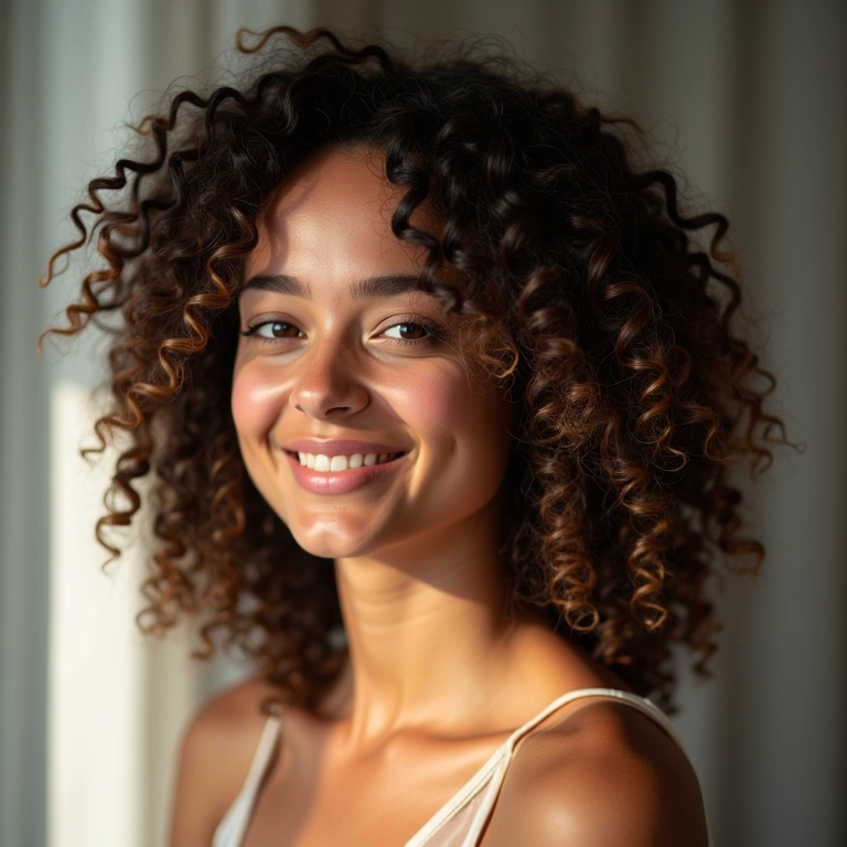 Mulher com lindos cachos definidos usando óleo de argan.