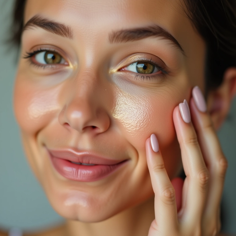 Mulher com pele oleosa aplicando óleo iluminador facial.