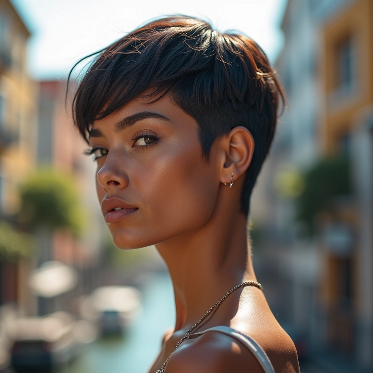 Mulher com pixie cut alongado em cenário urbano brasileiro.