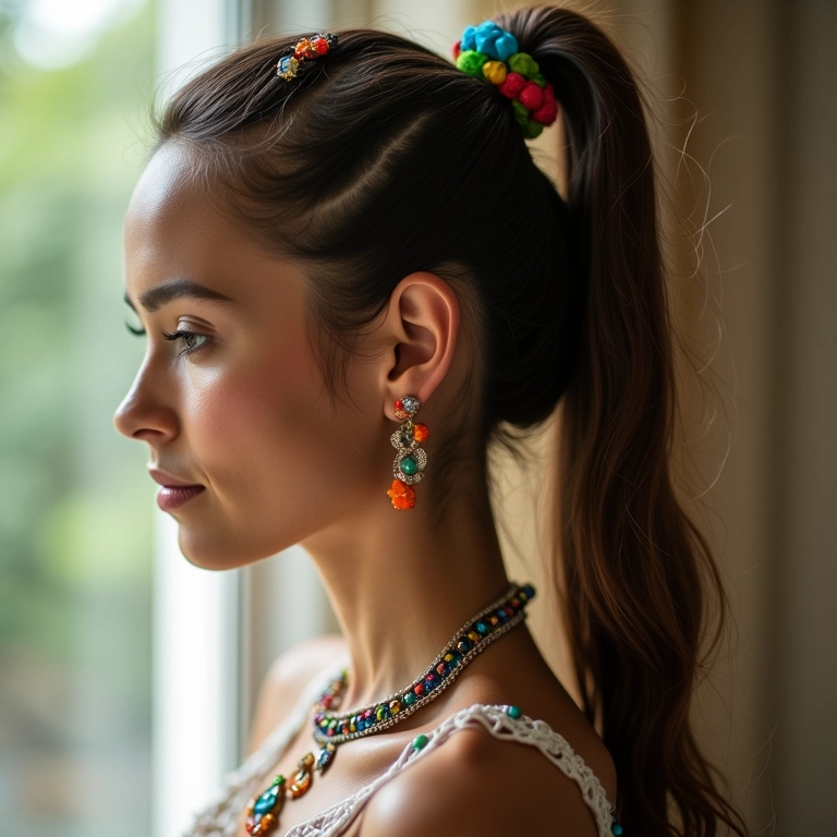 Mulher com rabo de cavalo alto decorado com acessórios de cabelo coloridos.