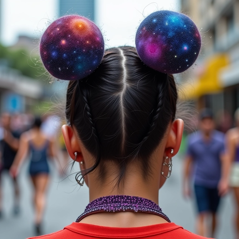 Mulher com space buns (mini coques espaciais).