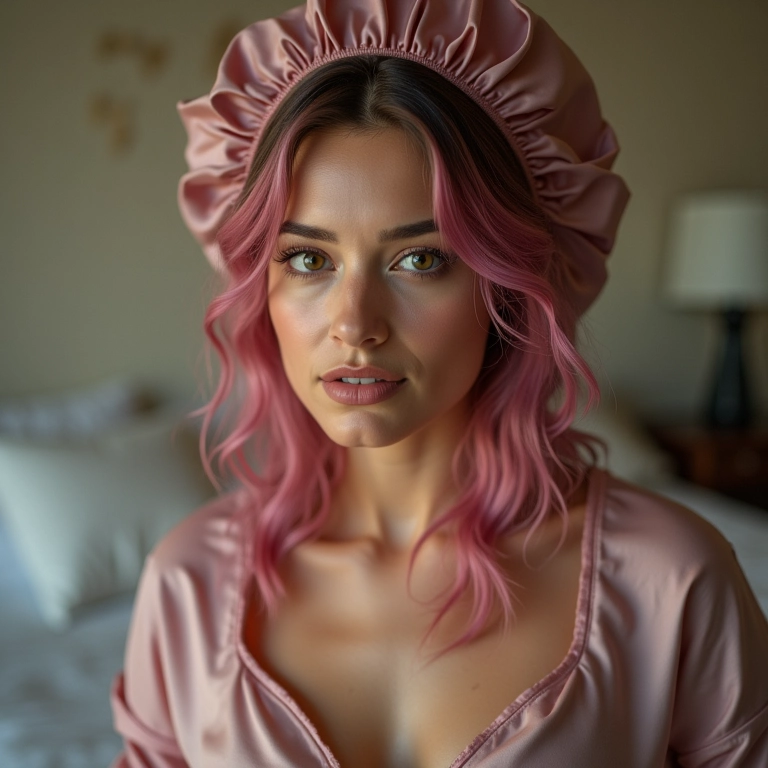 Mulher com touca de cetim para dormir.