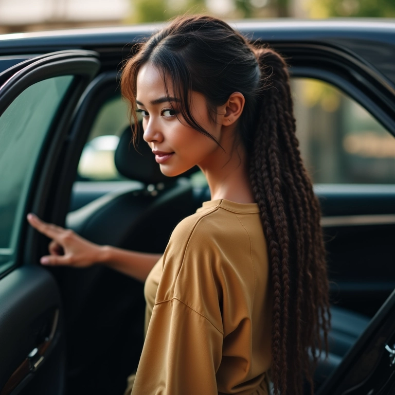 Mulher com trança abrindo porta do carro com naturalidade.