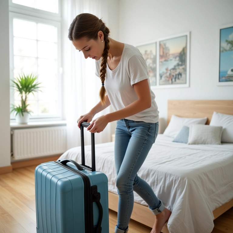 Mulher com trança arrumando mala, pronta para viajar.