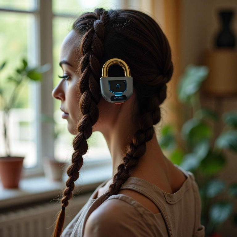 Mulher com trança biométrica e tecnologia integrada, em cenário com decoração brasileira.