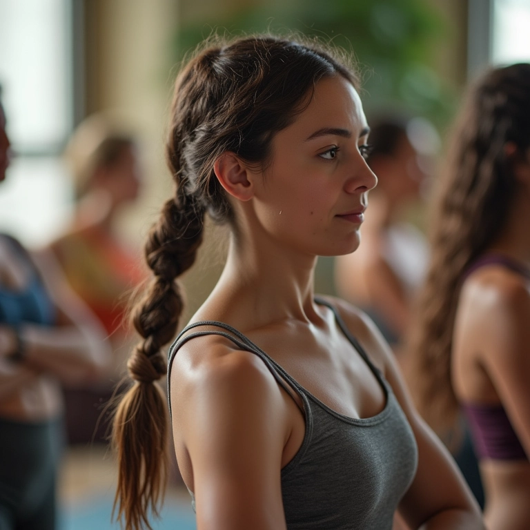 Mulher com trança praticando yoga, conforto e mobilidade.