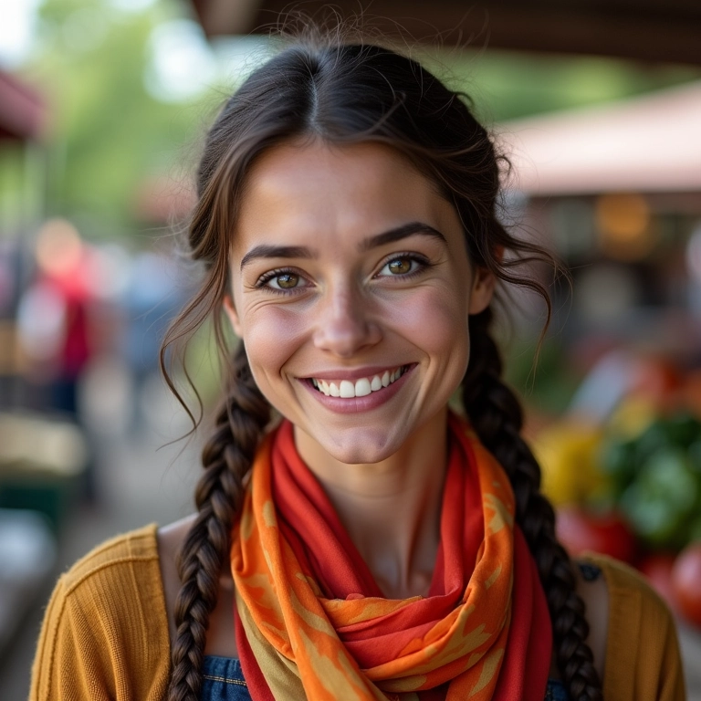Mulher com tranças laterais e lenços estampados em mercado.