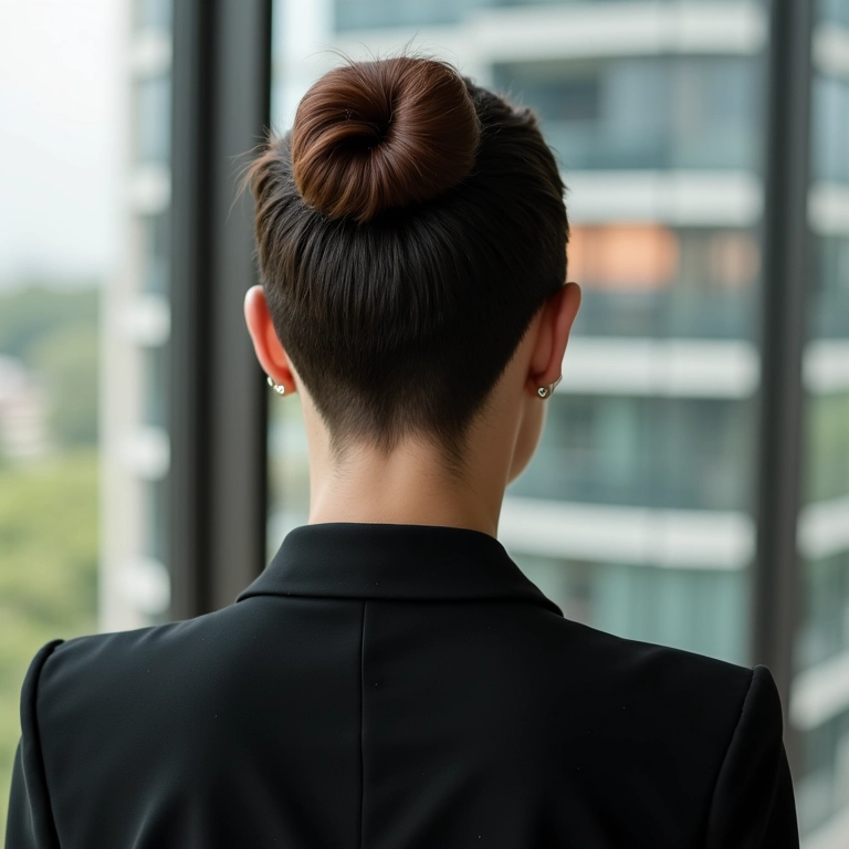 Mulher com undercut discreto, cabelo cobrindo, executiva em São Paulo.