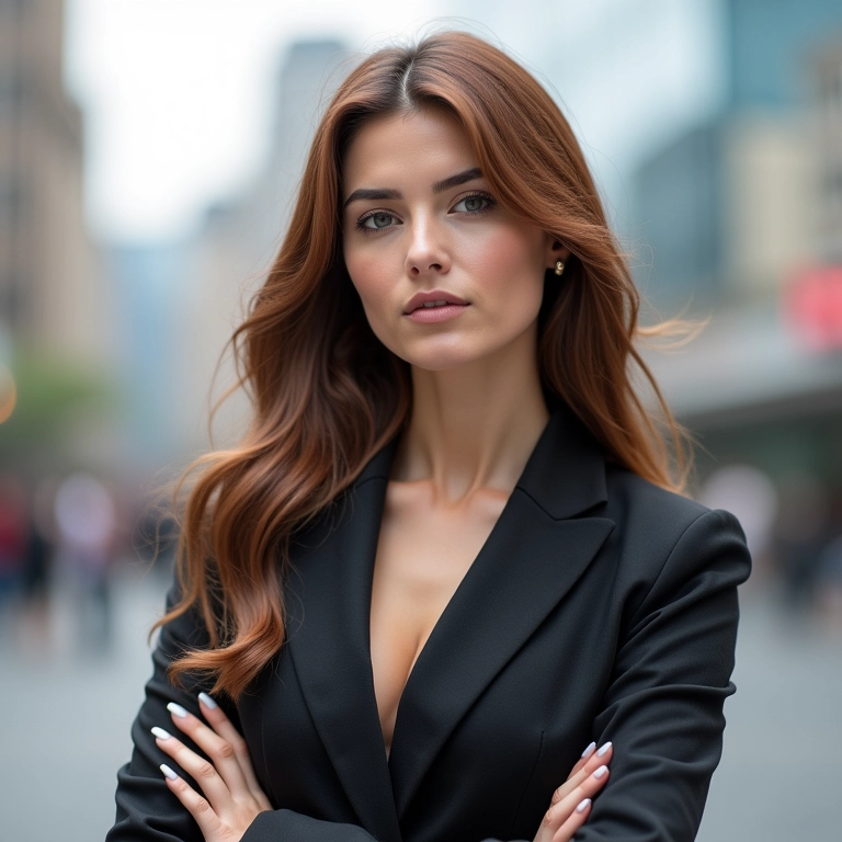 Mulher com visual moderno e cabelo castanho acinzentado impecável.