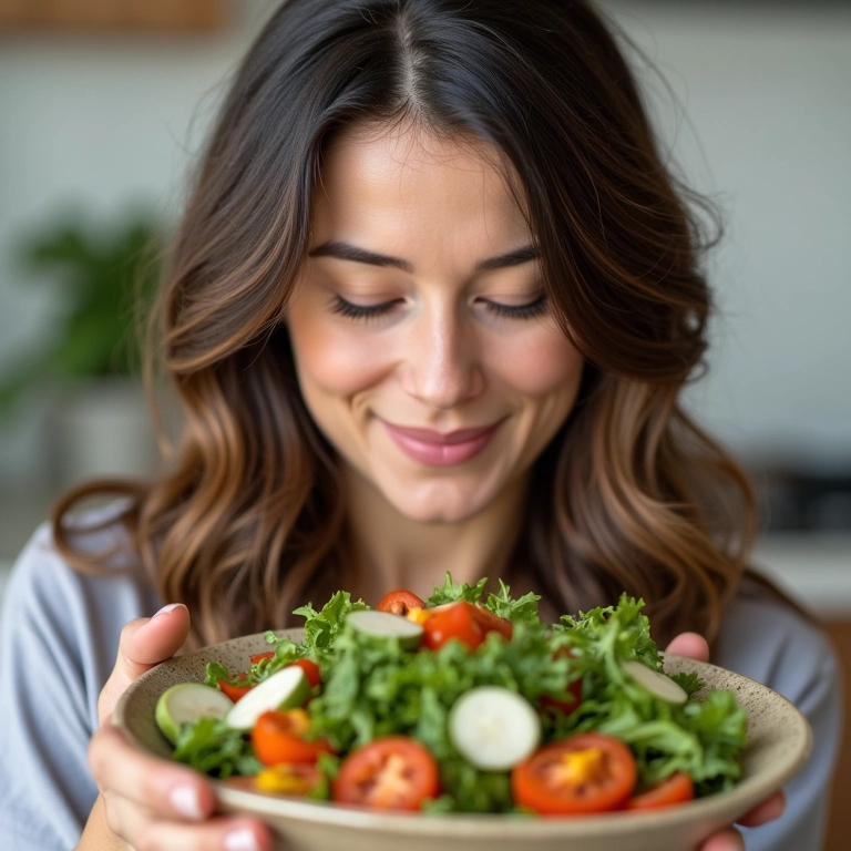 Mulher comendo salada saudável para cabelos fortes.