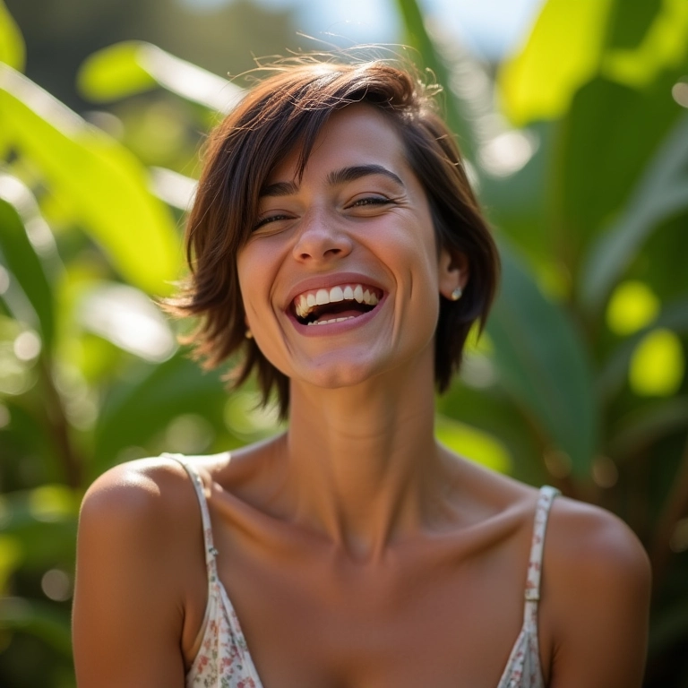 Mulher confiante com pixie cut e cabelo liso rindo em jardim brasileiro ensolarado.