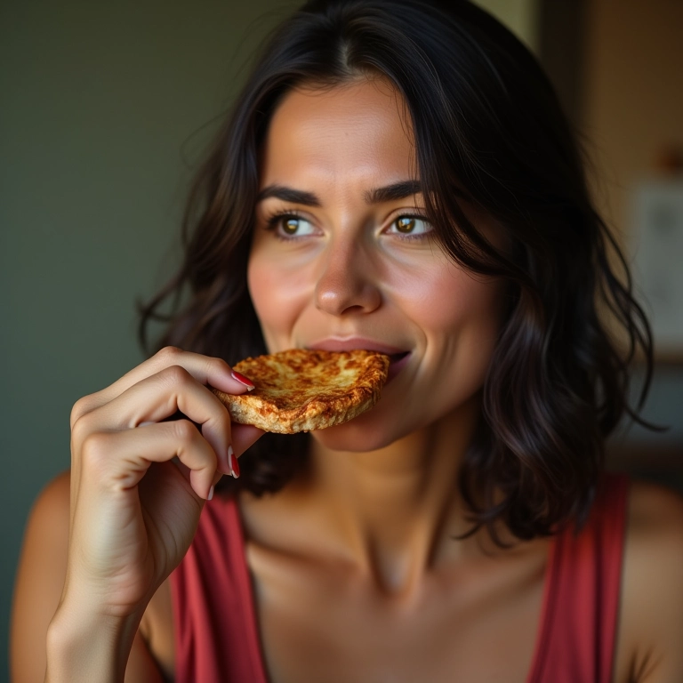 Mulher consumindo alimentos não saudáveis, indicando relação com o odor capilar.