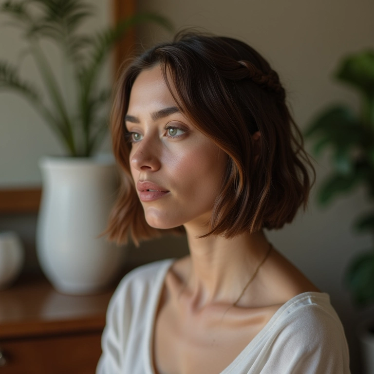 Mulher de cabelo curto com trança embutida lateral, em ambiente com estilo brasileiro.