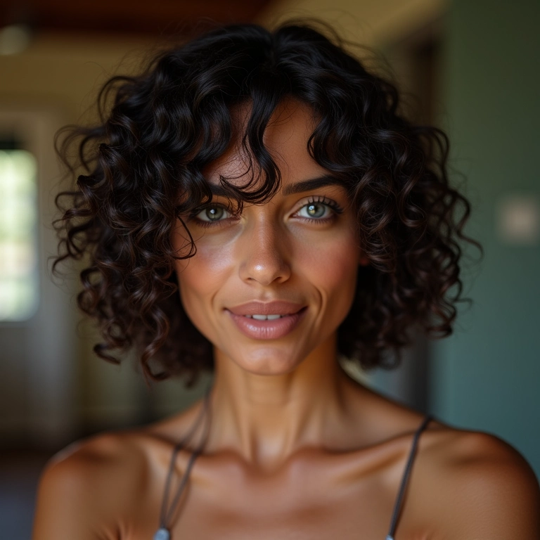 Mulher de cabelos cacheados com blunt cut perfeitamente modelado.