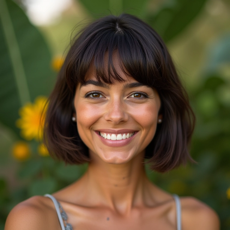 Mulher de rosto redondo com corte bob curto, sorrindo e com iluminação natural.