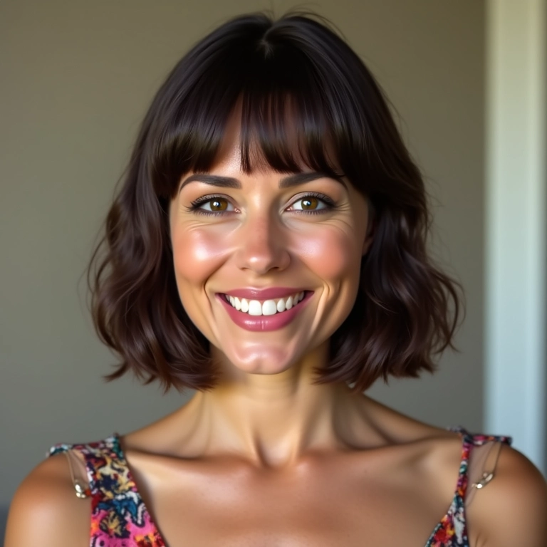 Mulher de rosto redondo com corte chanel de bico.