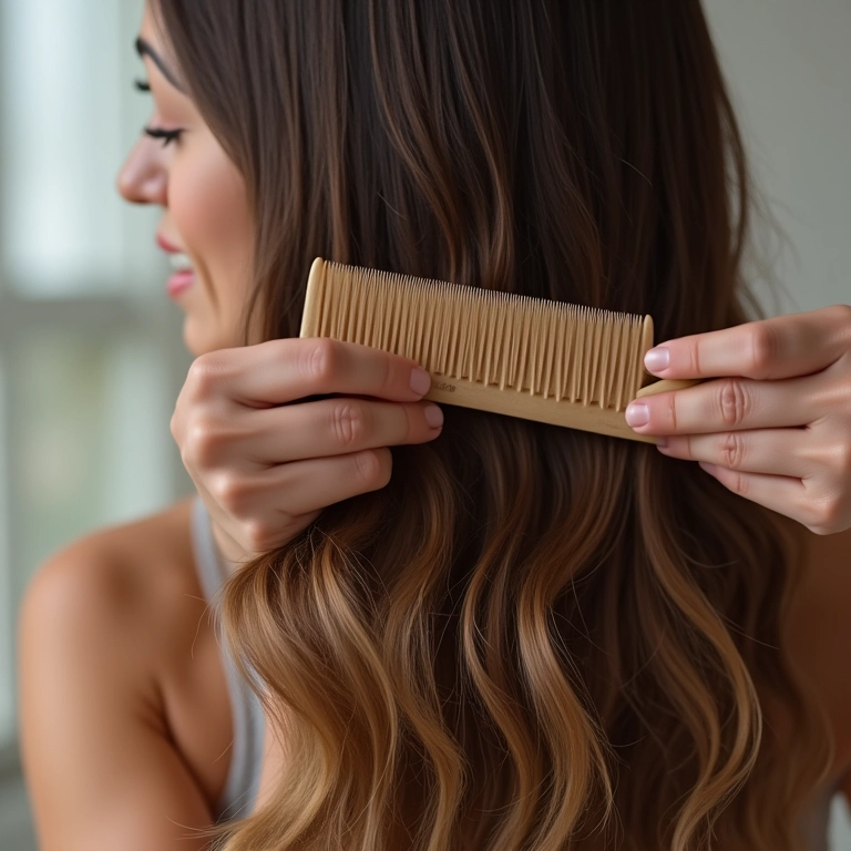 Mulher desembaraçando cabelo sem quebrar com pente de dentes largos.
