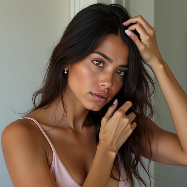 Mulher desembaraçando o cabelo fino com cuidado.