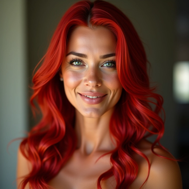 Mulher deslumbrante com cabelo ruivo cereja vibrante sorrindo para a câmera.
