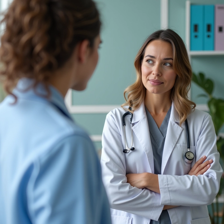 Mulher discutindo efeitos colaterais de medicamentos com médico, incluindo queda de cabelo.