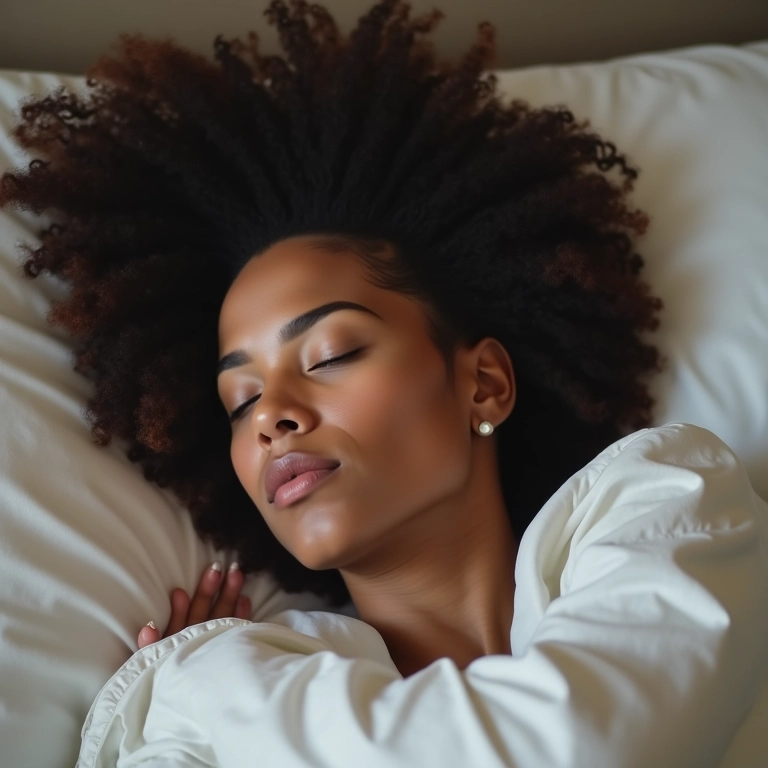 Mulher dormindo tranquilamente em cama aconchegante.