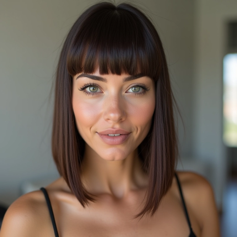 Mulher elegante com corte blunt clássico, exibindo cabelo liso e saudável.