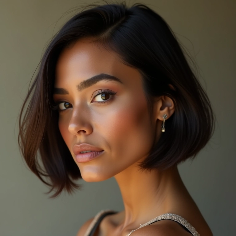 Mulher elegante com rosto oval e corte bob curto, com iluminação natural.
