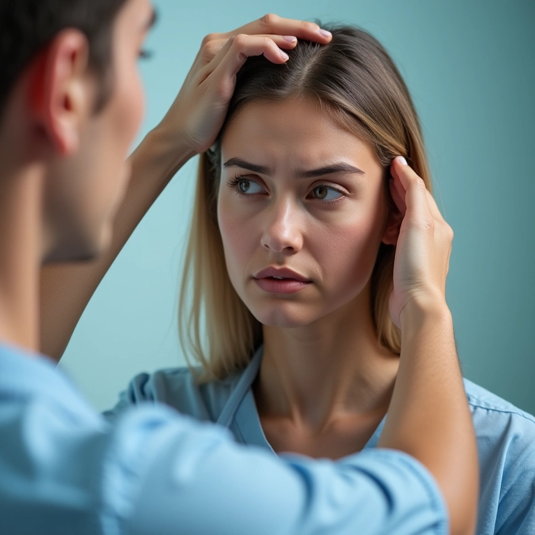 Mulher em consulta dermatológica para tratar problemas no couro cabeludo.