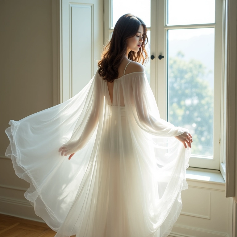 Mulher em vestido branco fluido perto de janela com tecido esvoaçante.