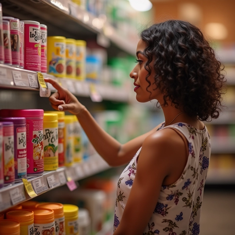 Mulher escolhendo a gelatina capilar ideal em uma prateleira.
