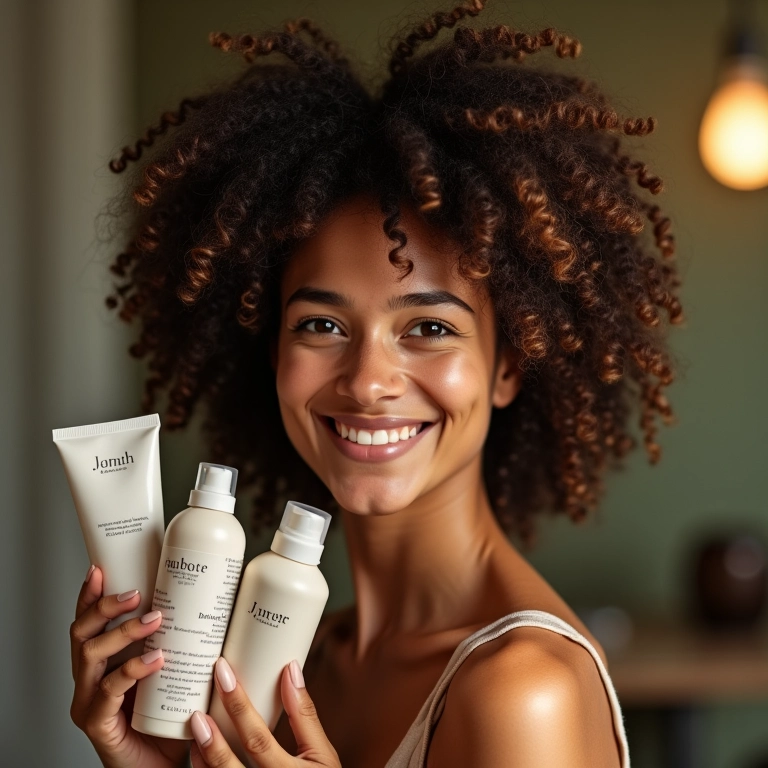 Mulher escolhendo produto para cabelo cacheado.