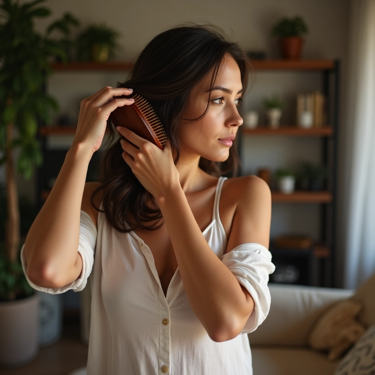 Mulher escovando o cabelo com escova de madeira para menos frizz em sala Farm Rio.